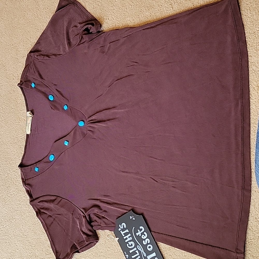 Choices 1X Blouse Short Sleeve Chocolate Brown Teal Blue Beaded
